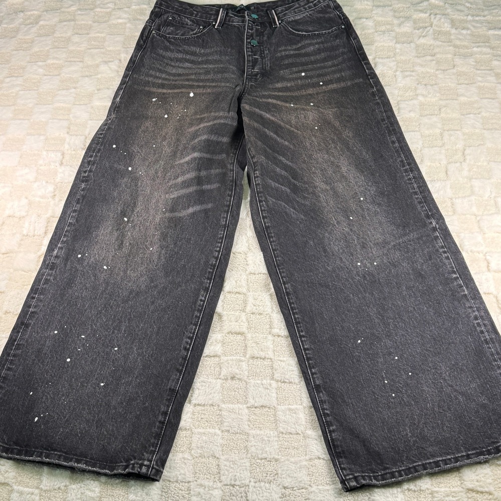 Womens Wide Leg Paint Splatter Jeans Faded Black High Rise Denim Pants